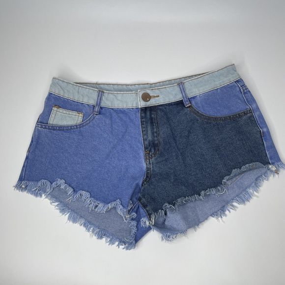 Jean Shorts Women 6 Blue Denim Color Block The Frayed Distressed Patch Cotton On - Picture 1 of 8